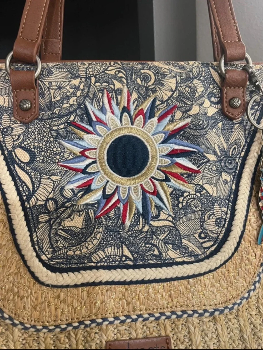Sakroots Straw Tote with Multicolor Sunflower Embroidery Charm included